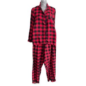 Hanes Flannel Pajama Set Womens Large Red Black Buffalo Check Xmas 100% Cotton‎